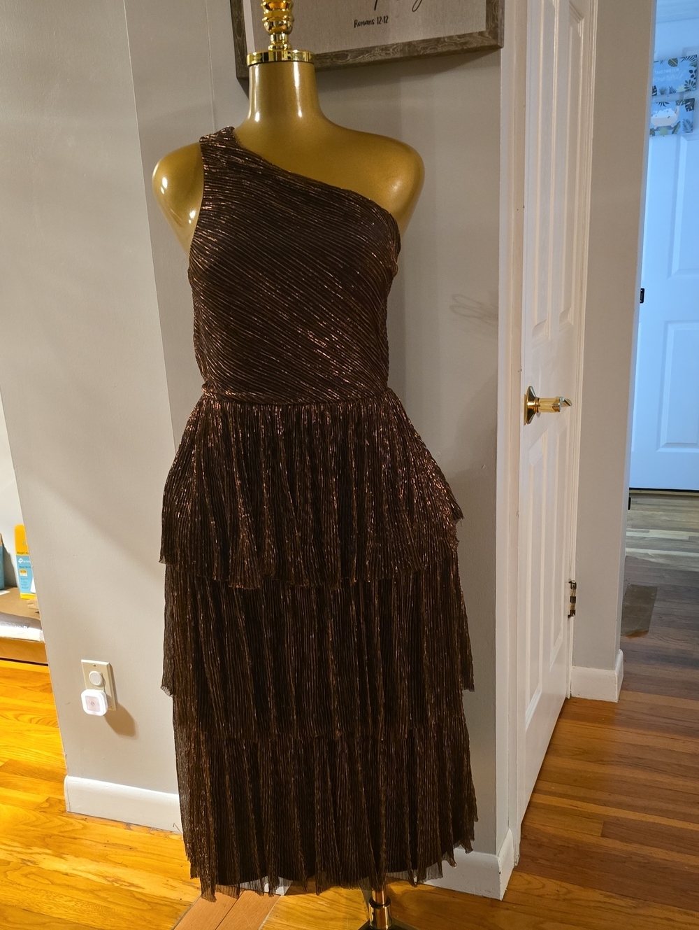 One-Shoulder Brown Metallic Tiered Dress